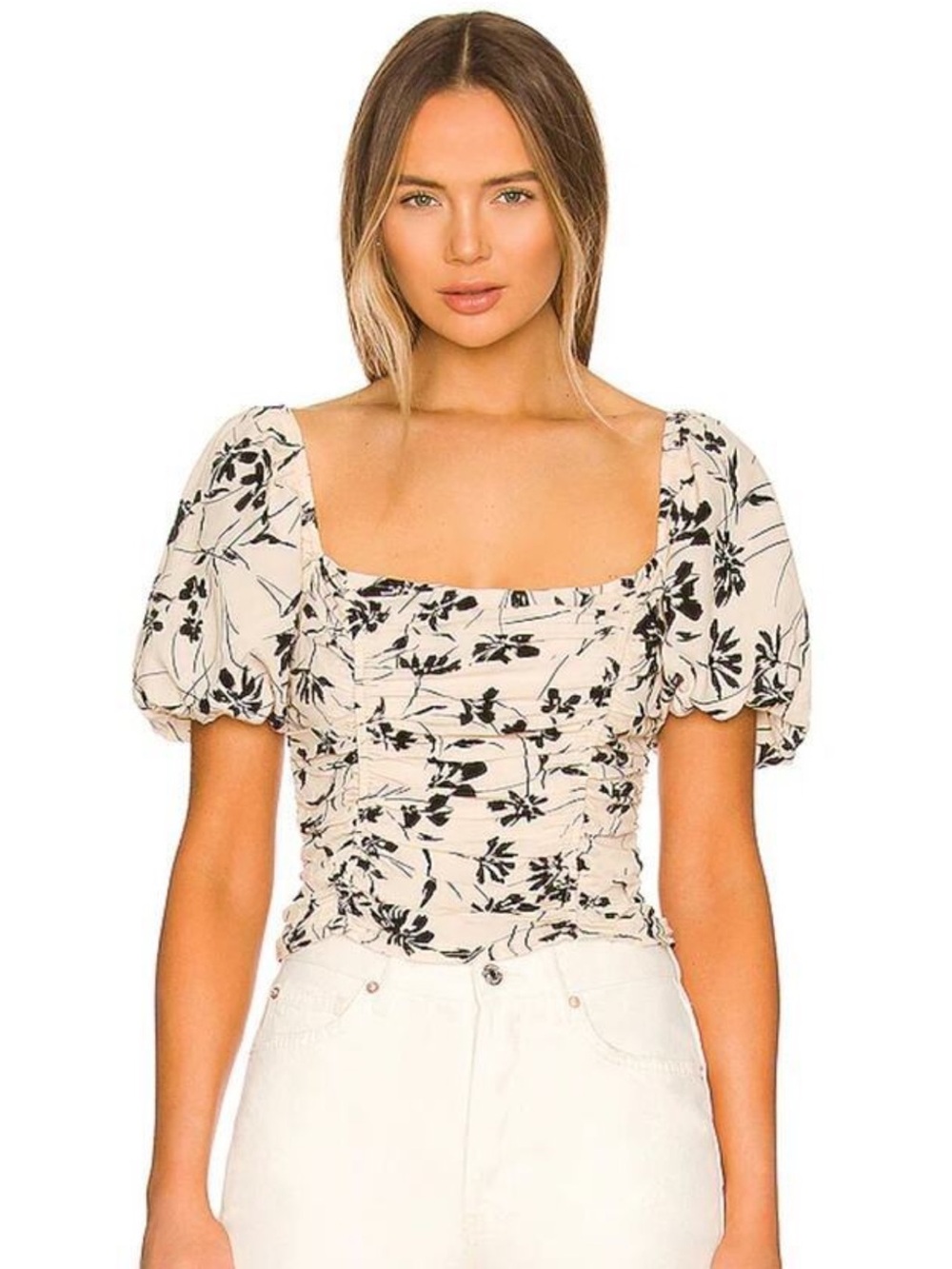 Astr The Label Cream & Black Floral Puff-Sleeve Square Neck Top - Florian Blouse